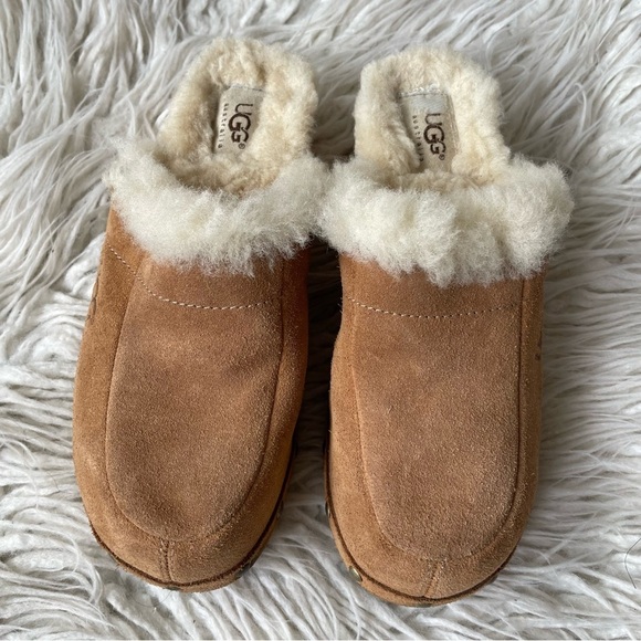 UGG Kalie Chestnut Suede Y2K Sheepskin Lined Wood Sole Mule Clogs 5426 Size 6 - Picture 3 of 11